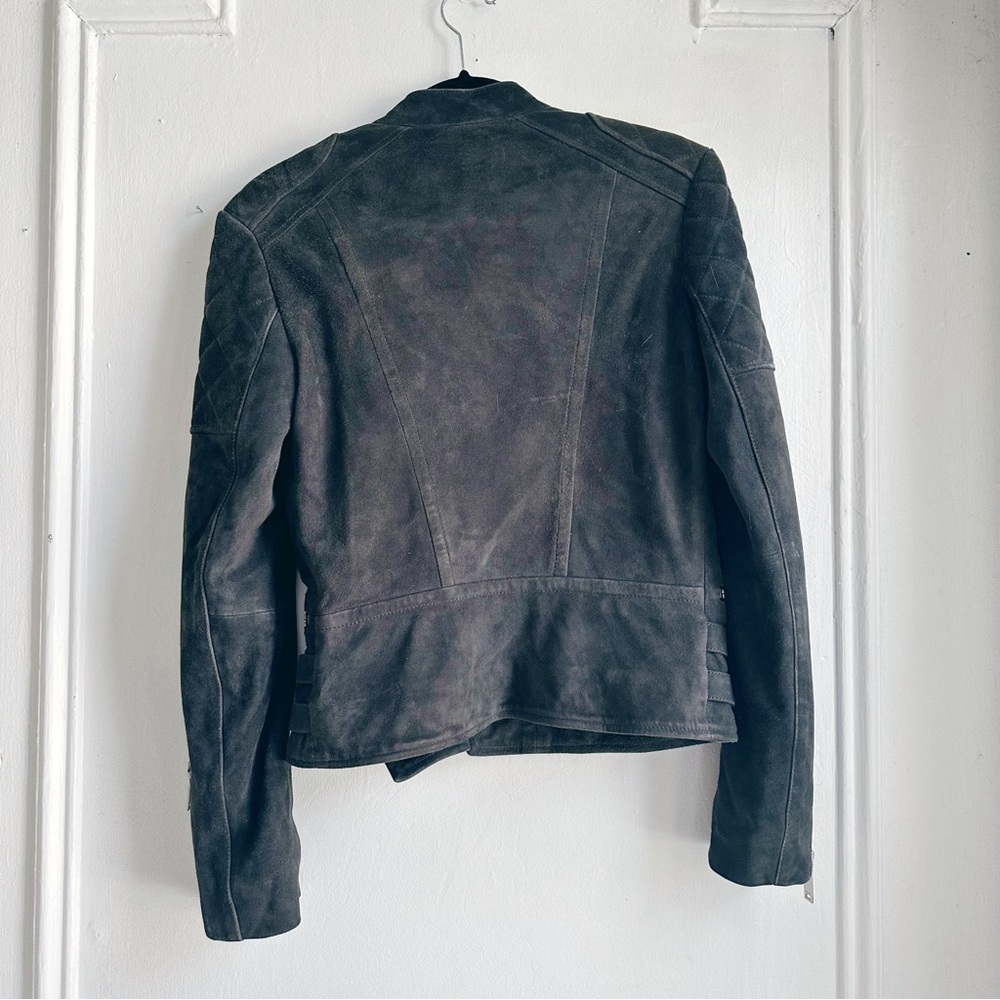Reiss Charcoal Suede Biker Jacket 100% goat leather soft buckles moto size 4 - Picture 9 of 9